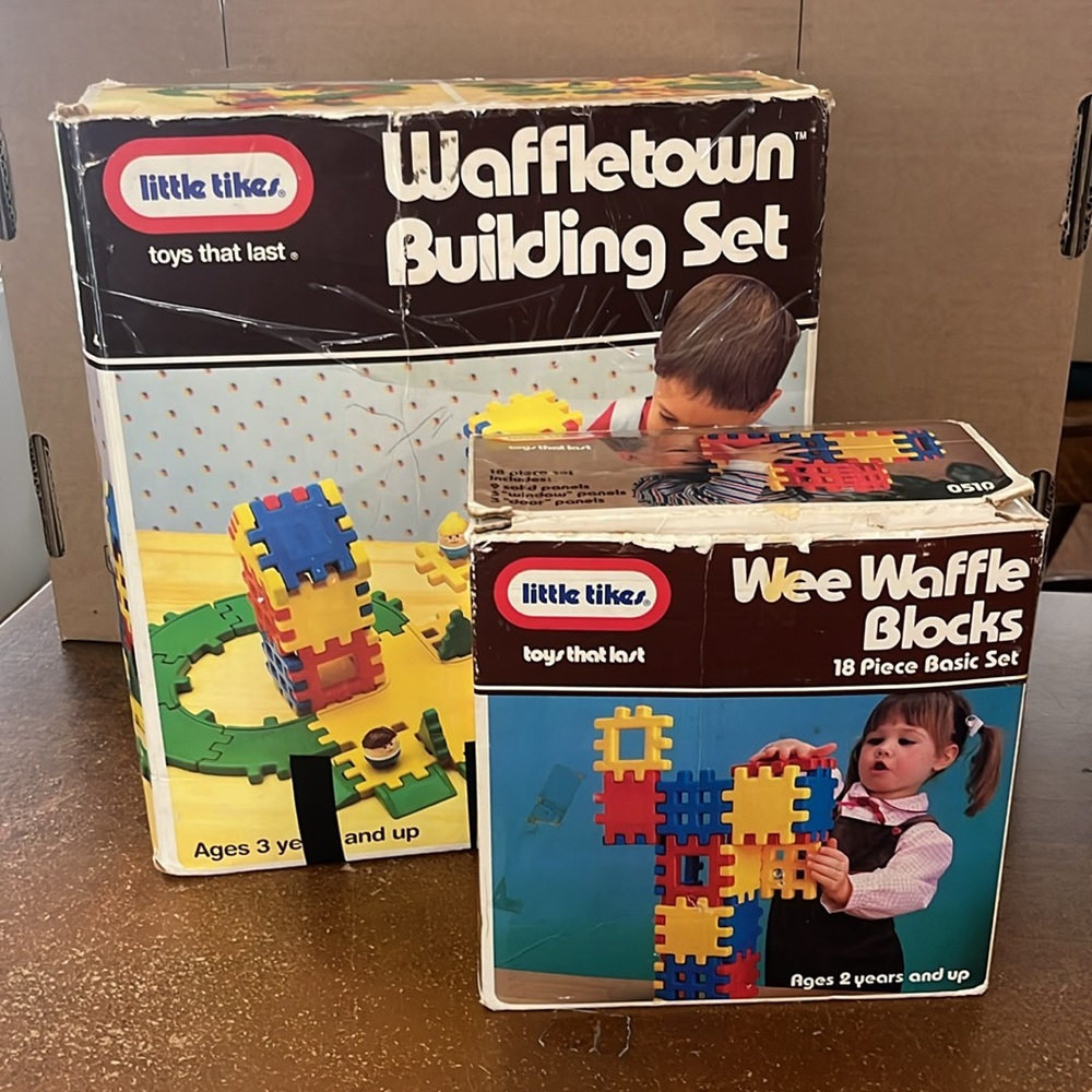 Vintage LITTLE TIKES Waffletown and Wee Waffle 67pc Building Sets with boxes